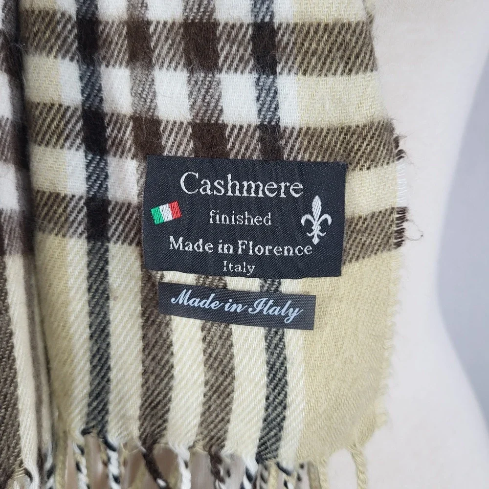 Cashmere Blend Plaid Scarf Made in Italy Tan Brown Fringe Preppy Academic Ivy‎